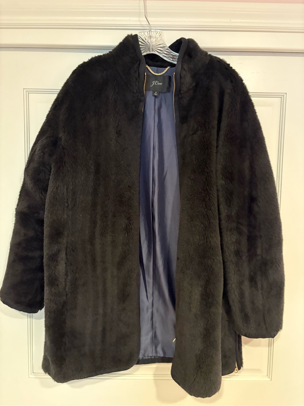 J. Crew Black Faux Fur Pea Coat with Satin Lining